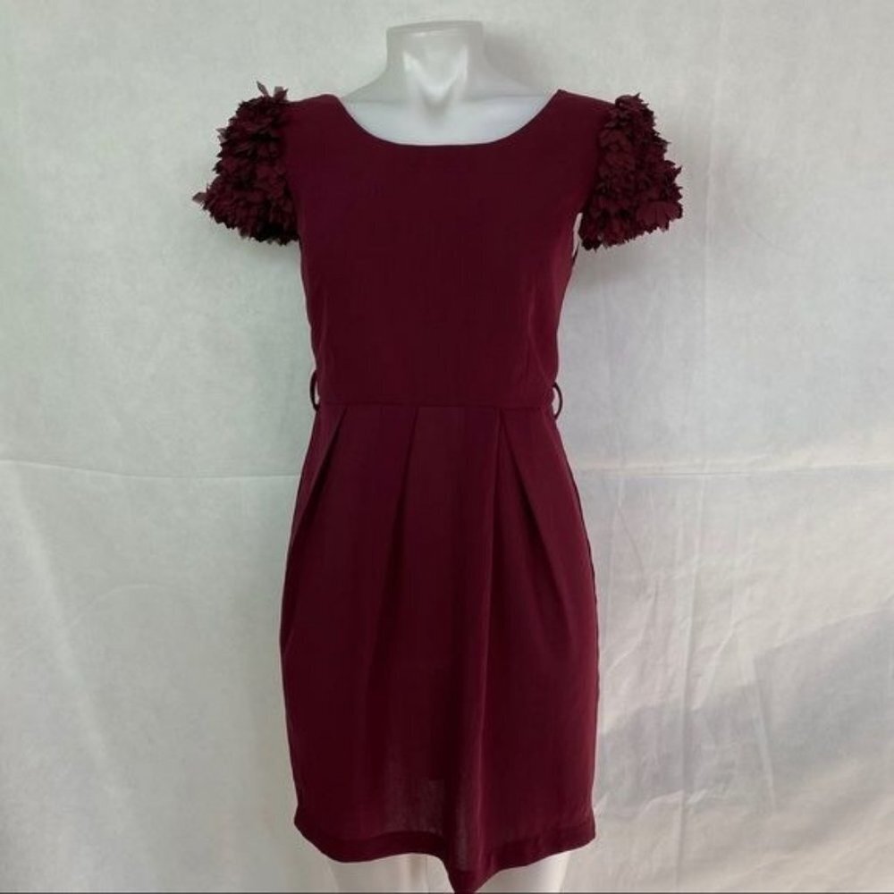 Esley Maroon Body Con Little Party Ruffle Capped Sleeve Dress Size S